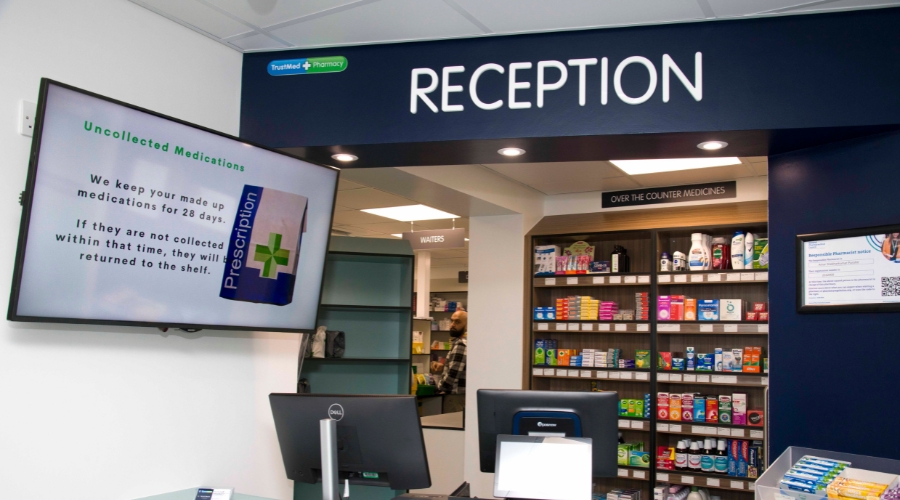 The reception area at the TrustMed pharmacy, Glenfield Hospital