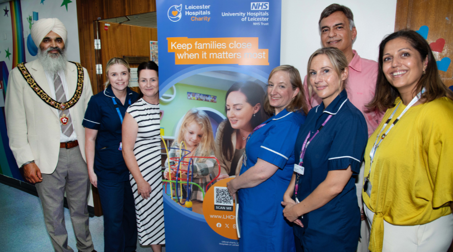Colleagues from the Children's Intensive Care Unit team, meeting with the Lord Mayor of Leicester, Councillor Kulwinder Singh Johal (on the far left of the group), and Director of Leicester Hospitals Charity, Sunita Patel (on the far right of the group)