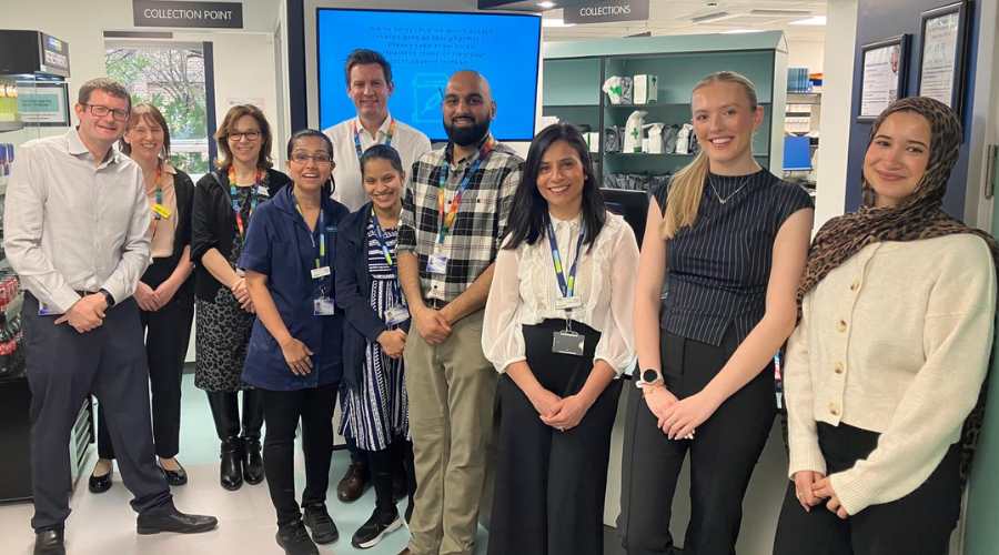 Colleagues celebrating the opening of the refurbished TrustMed pharmacy at the Glenfield Hospital