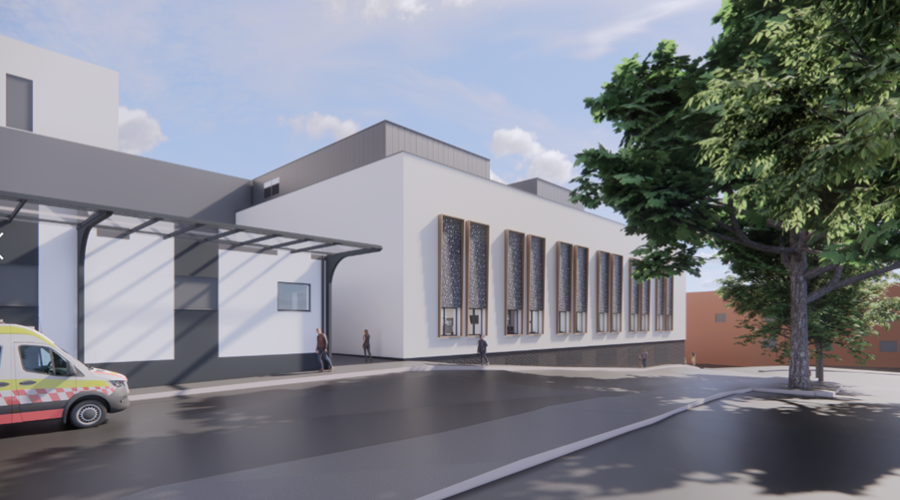 An artist impression of the new Urgent Treatment Centre which shows a white building with a tree and ambulance in the foreground.