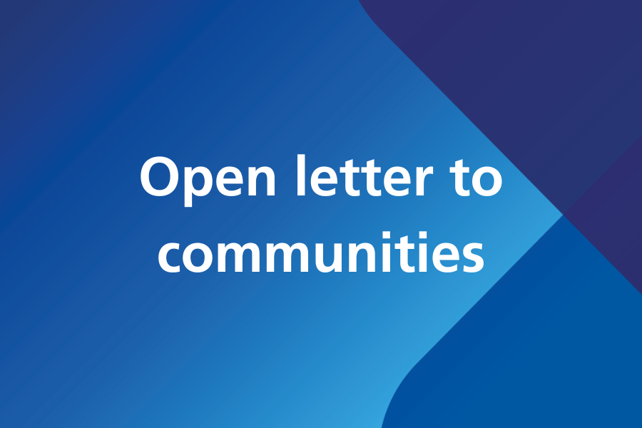 Blue background with white text that reads: open letter to communities