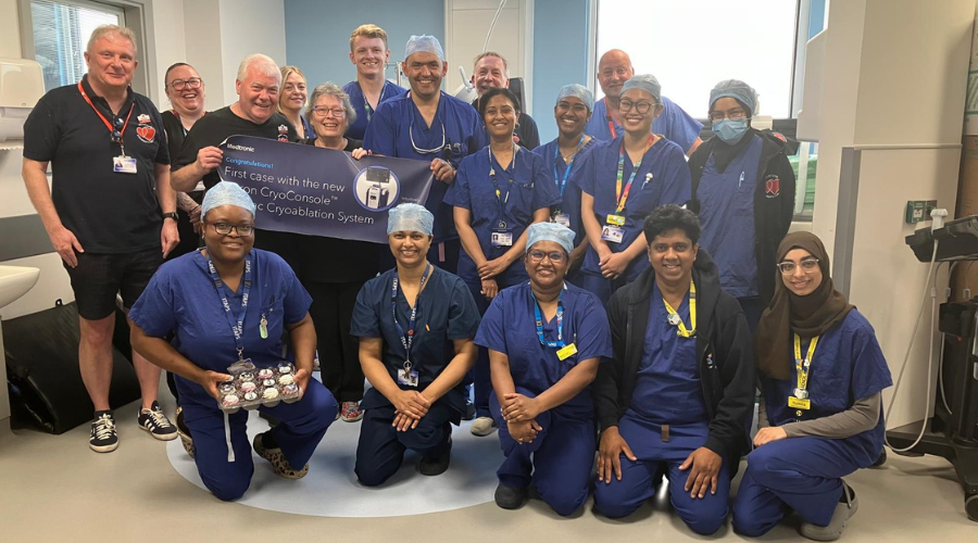 UHL colleagues and representatives of the charity Heart Link, celebrating the arrival of a cryoablation console at the East Midlands Congenital Heart Centre, Leicester Royal Infirmary