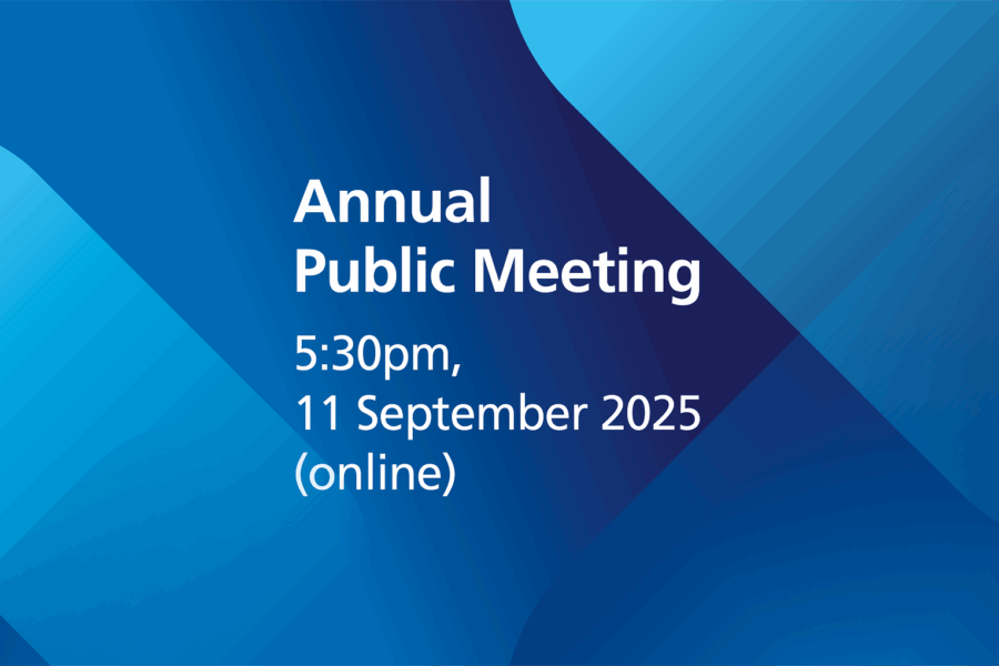 A blue graphic with text that reads: Annual Public Meeting, 5:20pm 11 September 2025 (Online)