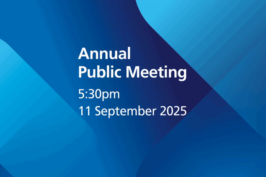A blue graphic with text that reads: Annual Public Meeting, 5:20pm 11 September 2025