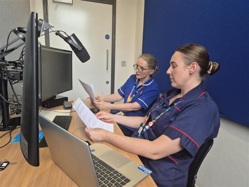 Lara Harrison-Myers, Quality Improvement Lead Midwife and Margretta Britton, Specialist Midwife for Pelvic Health recording the podcast