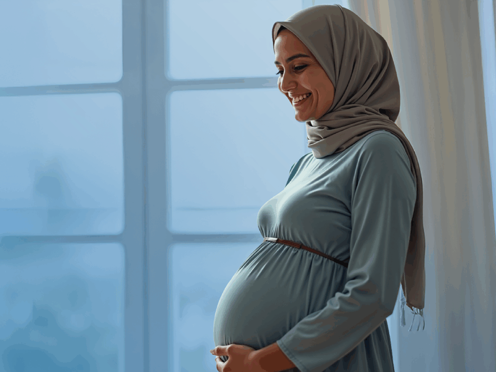 A pregnant women wearing a head scarf in front of a window. She is smiling and holding her bump.